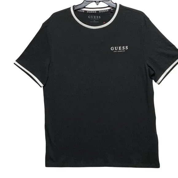 Guess  Mens Black Ringer T-Shirt White Logo Crew Neck Large NWT - Picture 3 of 6